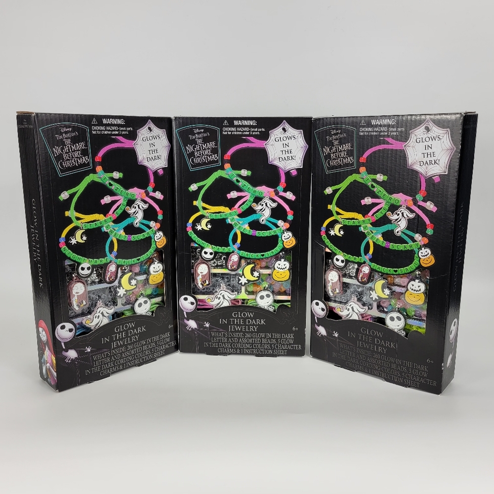 Lot Of 3 Disney Nightmare Before Christmas Glow In Dark Bead Jewelry Making Kit
